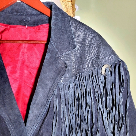 Vintage 80s fringe suede leather crop moto jacket black small medium - Picture 3 of 16